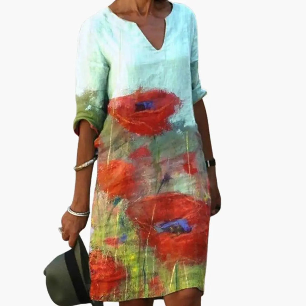 Floral Dress – Women's, Round Neckline & Short Sleeves