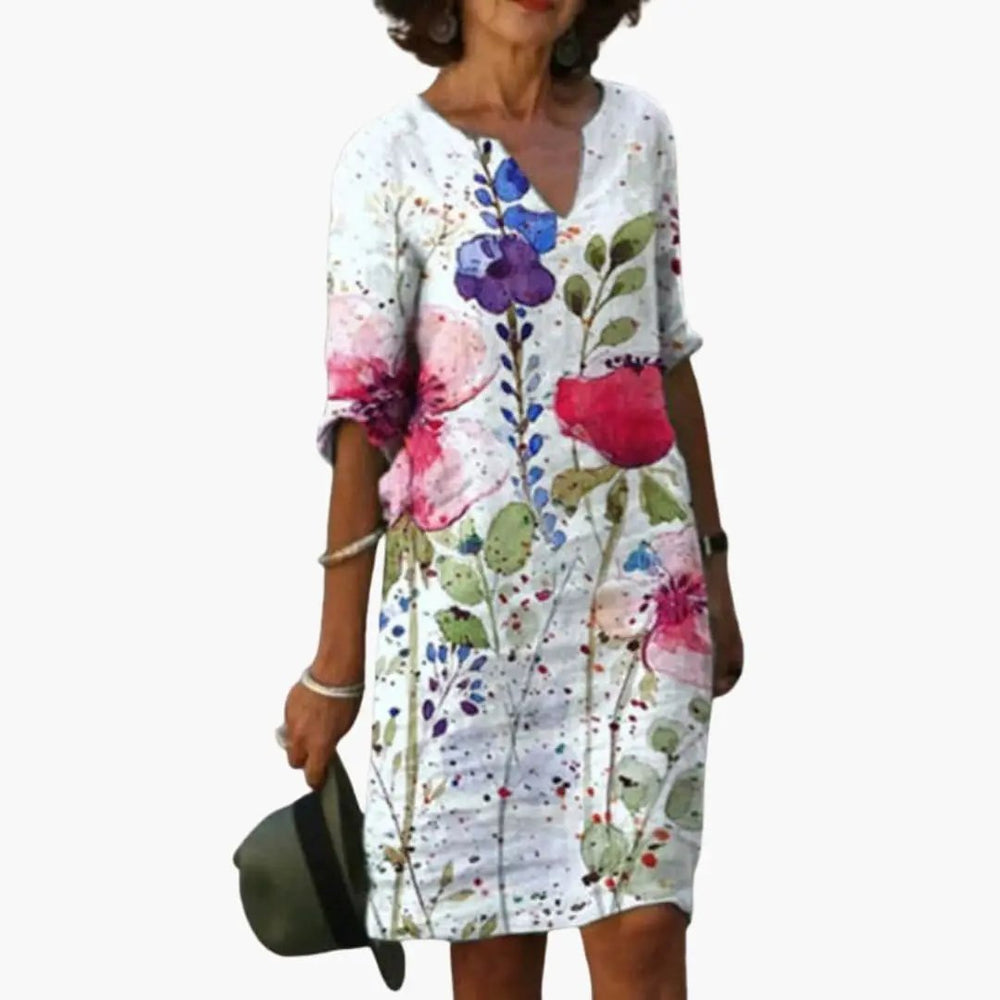 Floral Dress – Women's, Round Neckline & Short Sleeves