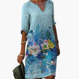 Floral Dress – Women's, Round Neckline & Short Sleeves