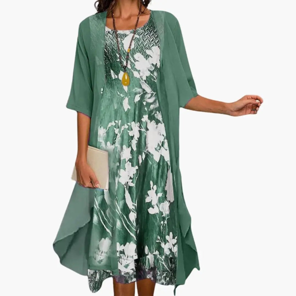 Women's Floral Maxi Dress Set – Layered Cardigan, Round Neck & Long Length