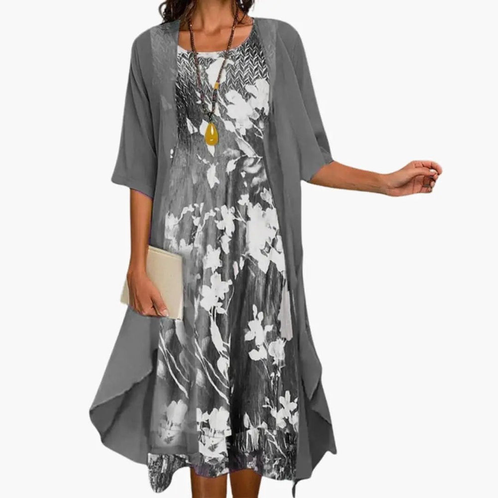 Women's Floral Maxi Dress Set – Layered Cardigan, Round Neck & Long Length