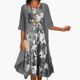 Women's Floral Maxi Dress Set – Layered Cardigan, Round Neck & Long Length