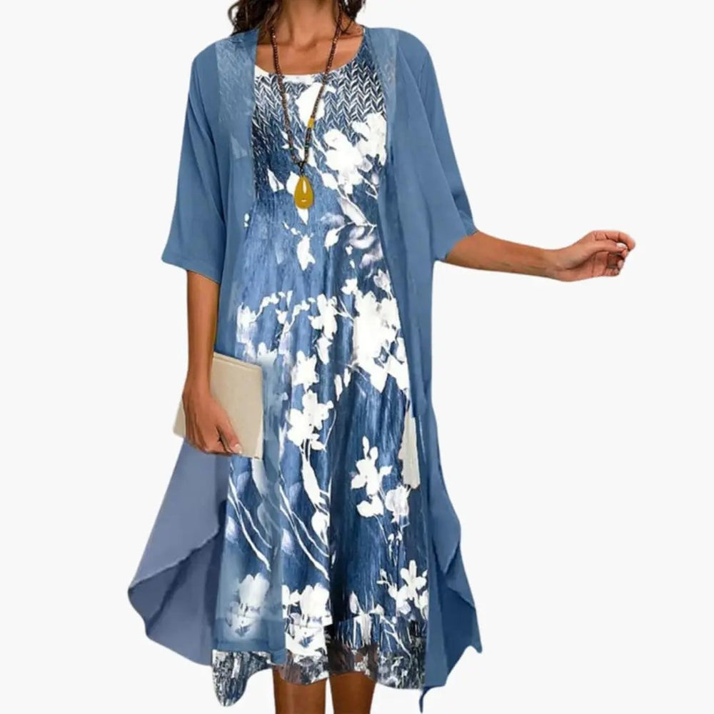 Women's Floral Maxi Dress Set – Layered Cardigan, Round Neck & Long Length