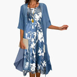 Women's Floral Maxi Dress Set – Layered Cardigan, Round Neck & Long Length