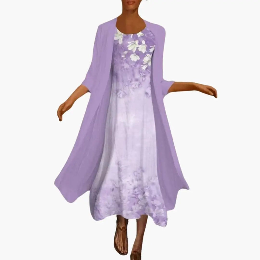 Women's Floral Maxi Dress Set – Open-Front Cardigan, Round Neck & Short Sleeve