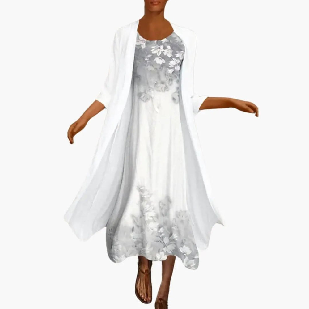Women's Floral Maxi Dress Set – Open-Front Cardigan, Round Neck & Short Sleeve