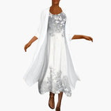 Women's Floral Maxi Dress Set – Open-Front Cardigan, Round Neck & Short Sleeve