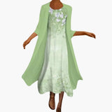 Women's Floral Maxi Dress Set – Open-Front Cardigan, Round Neck & Short Sleeve