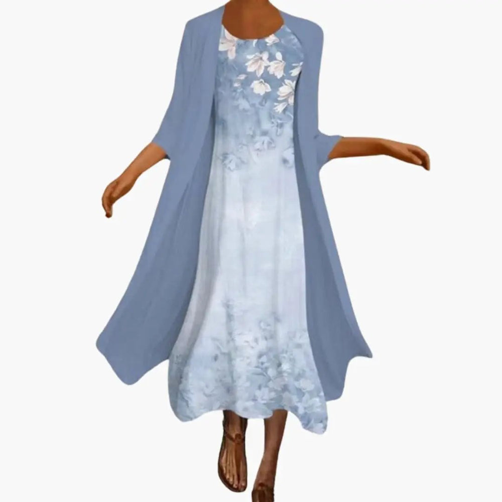 Women's Floral Maxi Dress Set – Open-Front Cardigan, Round Neck & Short Sleeve