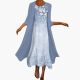 Women's Floral Maxi Dress Set – Open-Front Cardigan, Round Neck & Short Sleeve