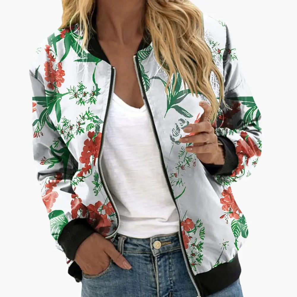 Women's Bomber Jacket – Floral Print, Zip Closure & Side Pockets