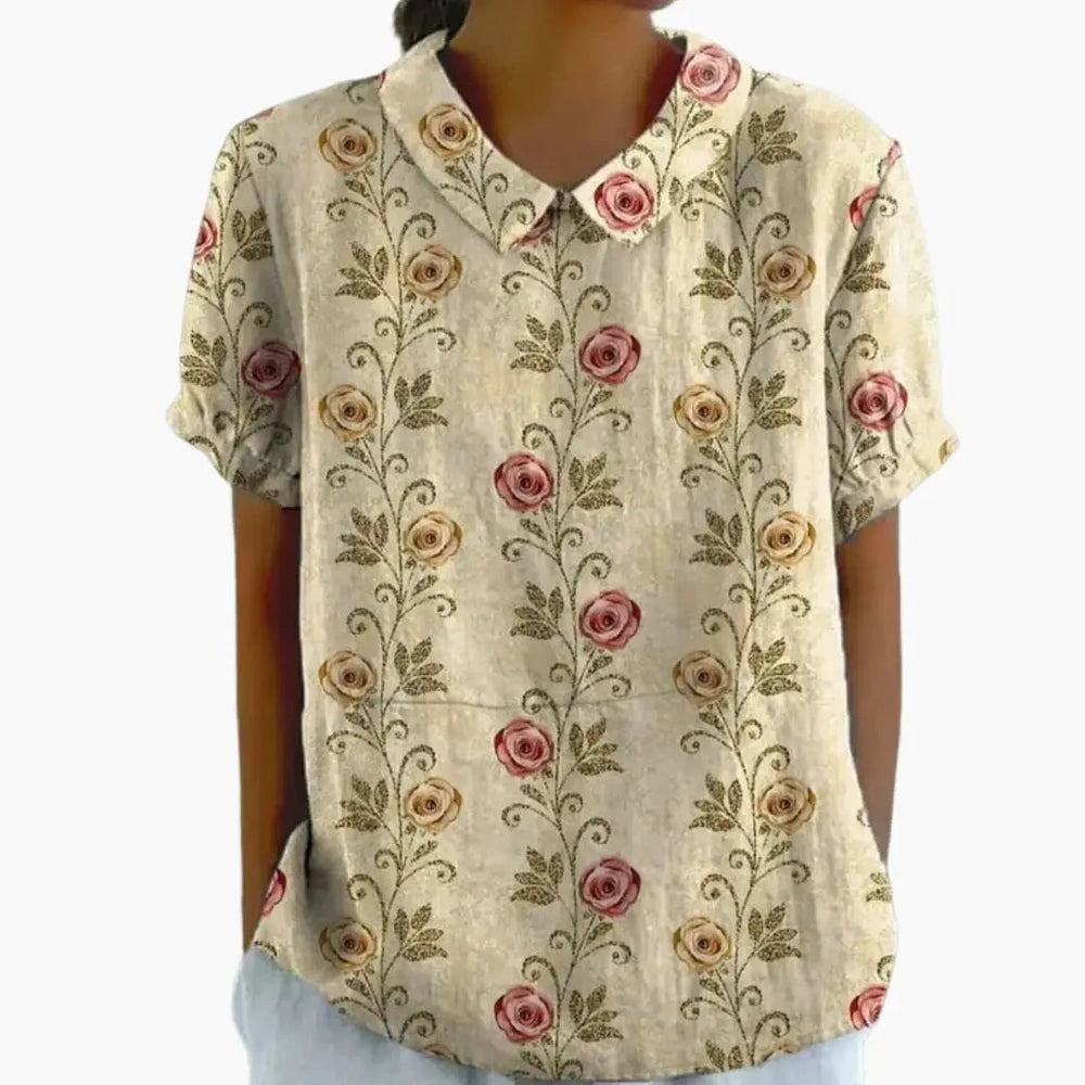 Women's Blouse – Floral Print, Crew Neck & Short Sleeve