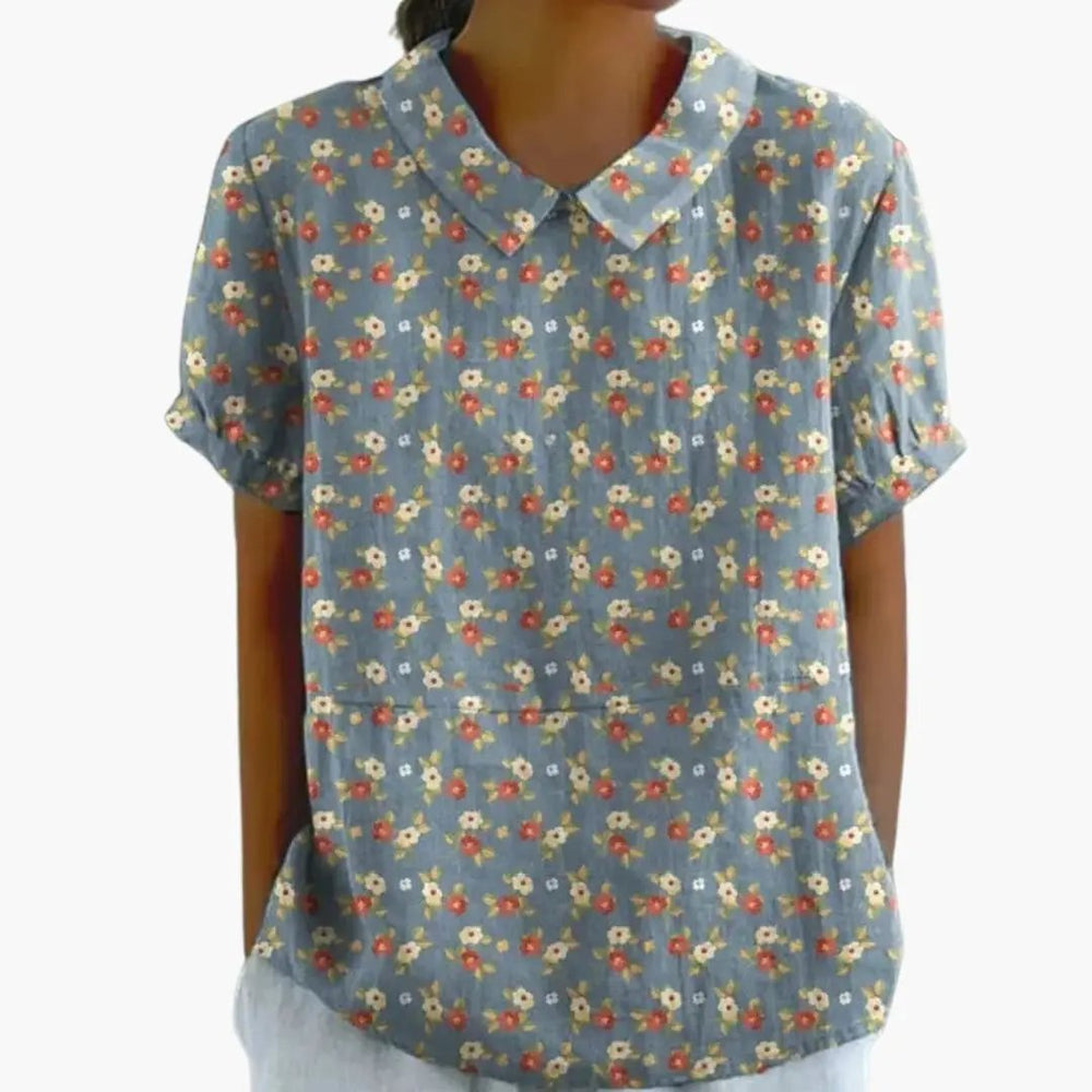 Women's Blouse – Floral Print, Crew Neck & Short Sleeve