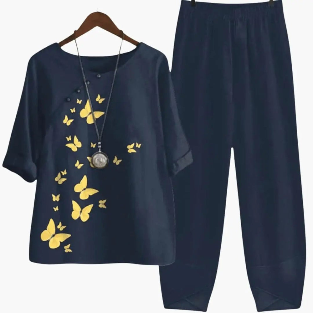 Women's Two-Piece Set – Floral, Short-Sleeve Top & Straight-Leg Pants