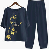 Women's Two-Piece Set – Floral, Short-Sleeve Top & Straight-Leg Pants