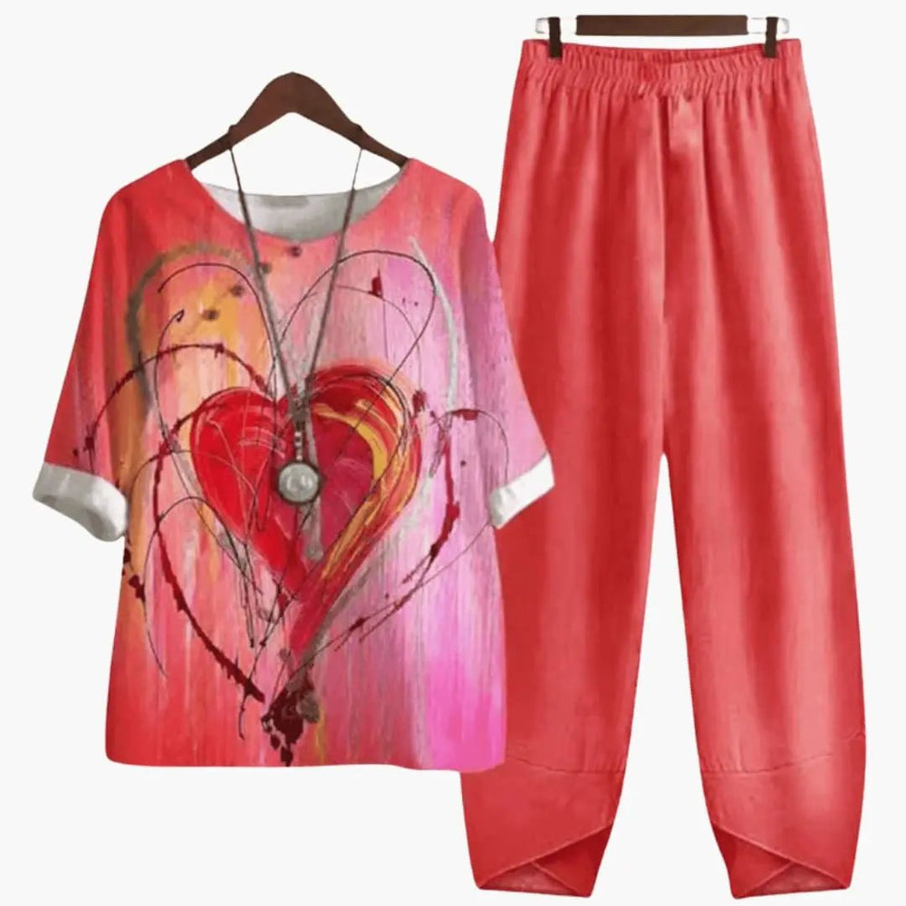 Women's Two-Piece Set – Floral, Short-Sleeve Top & Straight-Leg Pants