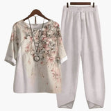 Women's Two-Piece Set – Floral, Short-Sleeve Top & Straight-Leg Pants