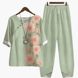 Women's Two-Piece Set – Floral, Short-Sleeve Top & Straight-Leg Pants