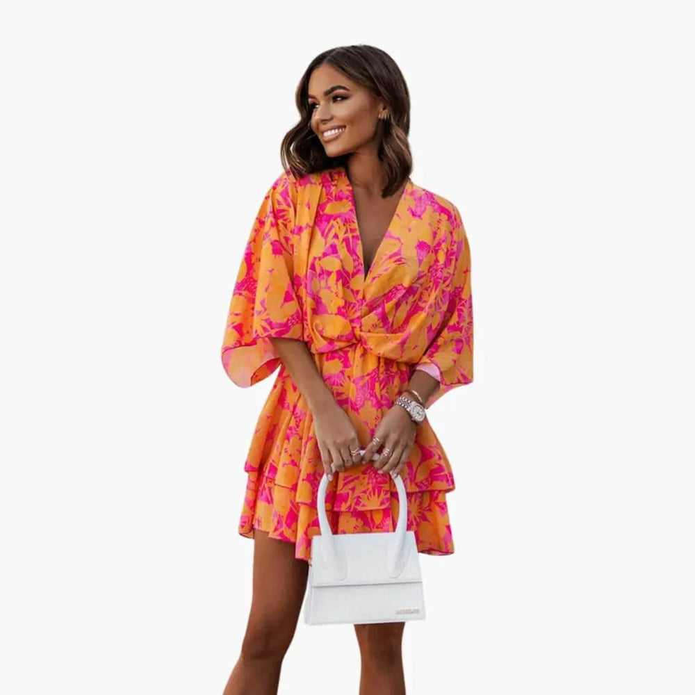 Women's Dress – Floral, V-Neck & Ruffle Hem