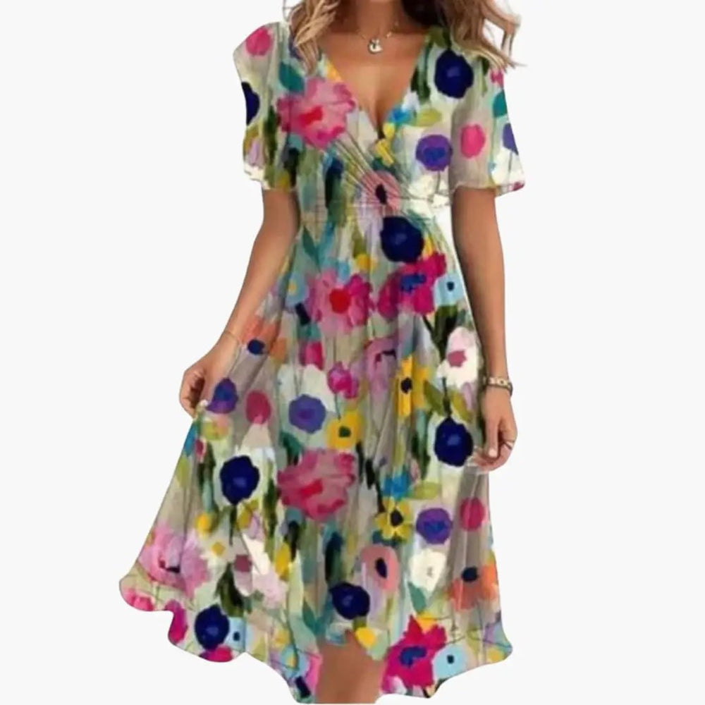 Women's Midi Dress – Floral Print, V-Neck & Short Sleeve