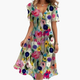 Women's Midi Dress – Floral Print, V-Neck & Short Sleeve