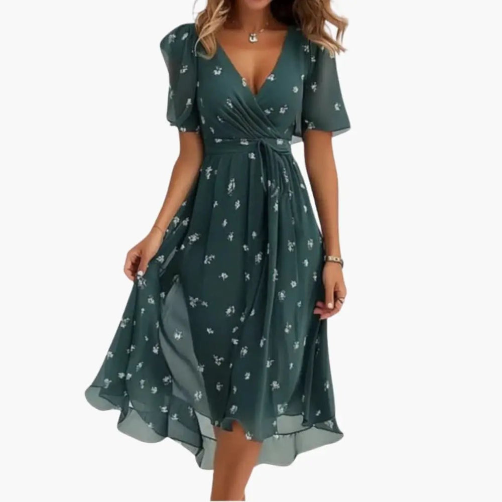 Women's Midi Dress – Floral Print, V-Neck & Short Sleeve
