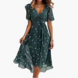 Women's Midi Dress – Floral Print, V-Neck & Short Sleeve