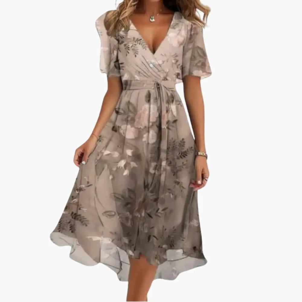Women's Midi Dress – Floral Print, V-Neck & Short Sleeve
