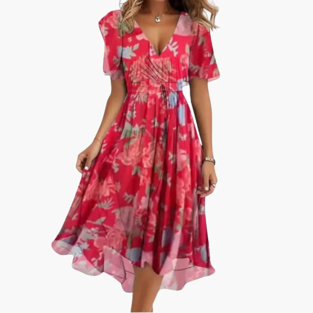 Women's Midi Dress – Floral Print, V-Neck & Short Sleeve