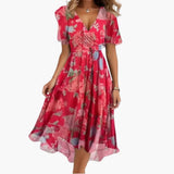 Women's Midi Dress – Floral Print, V-Neck & Short Sleeve