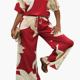 Women's Two-Piece Outfit Set – Floral V-Neck Top & Wide Leg Pants