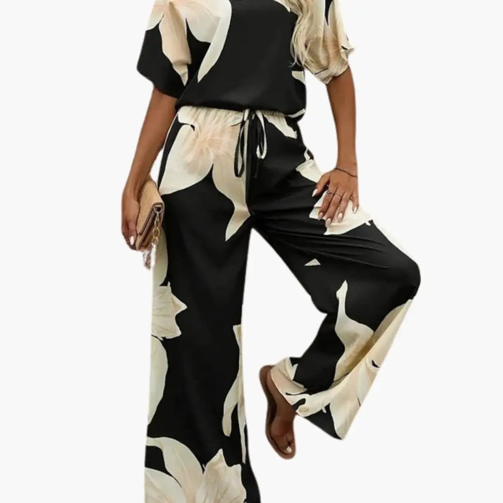Women's Two-Piece Outfit Set – Floral V-Neck Top & Wide Leg Pants
