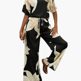Women's Two-Piece Outfit Set – Floral V-Neck Top & Wide Leg Pants