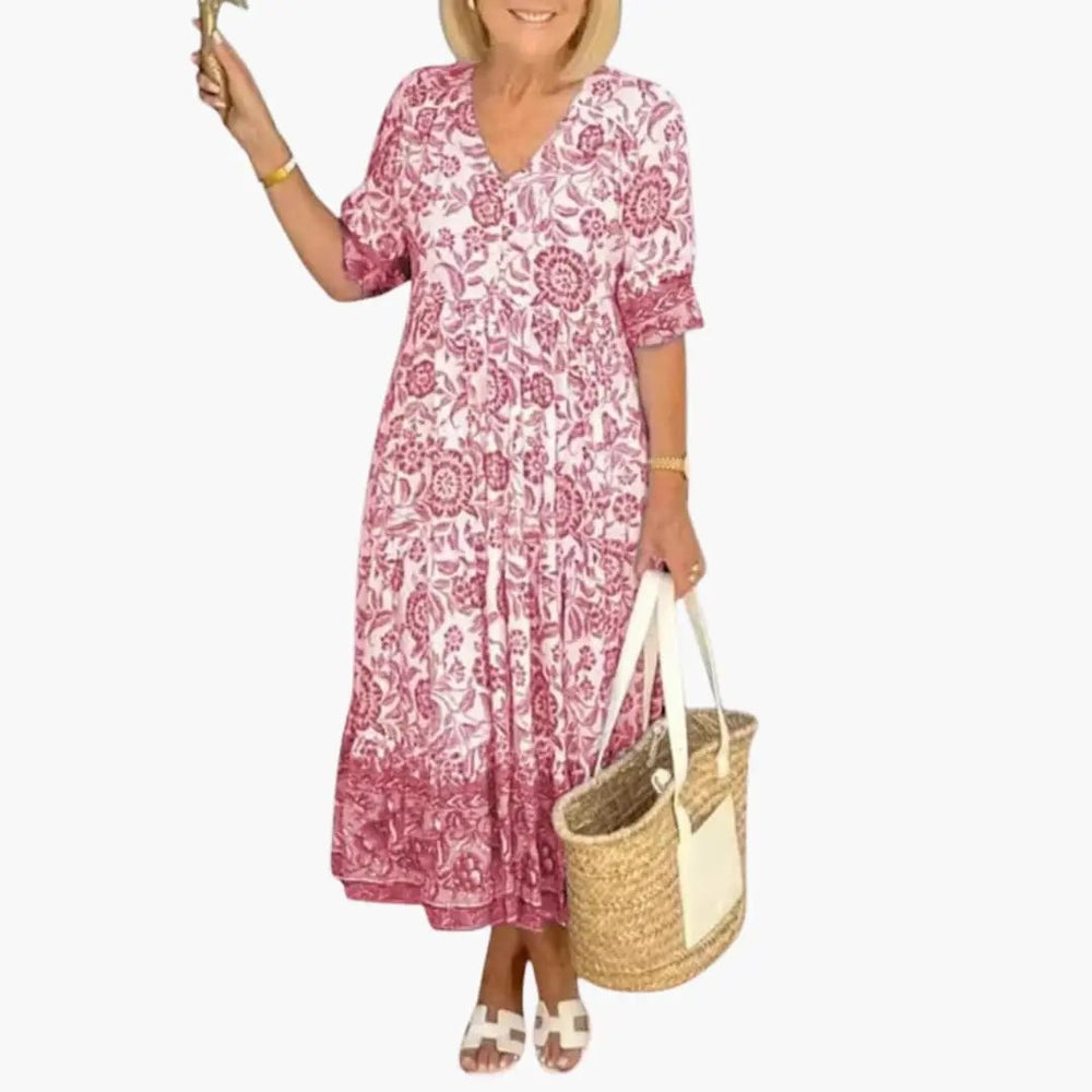 Women's Midi Dress – Floral Print & V-Neck