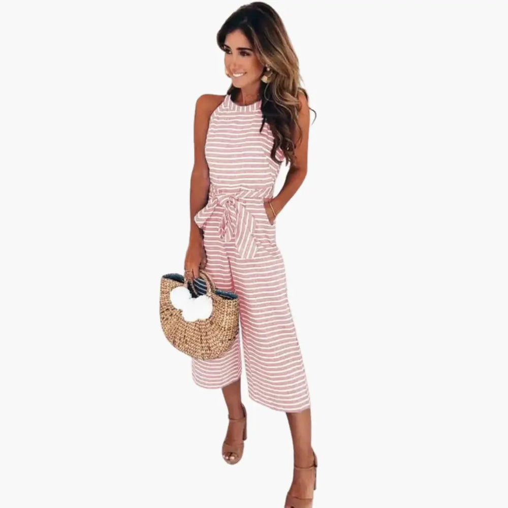 Women's Halter Neck Jumpsuit – Waist Belt, Striped Print & One-Piece Fit