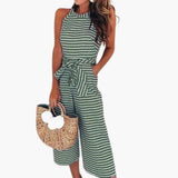 Women's Halter Neck Jumpsuit – Waist Belt, Striped Print & One-Piece Fit