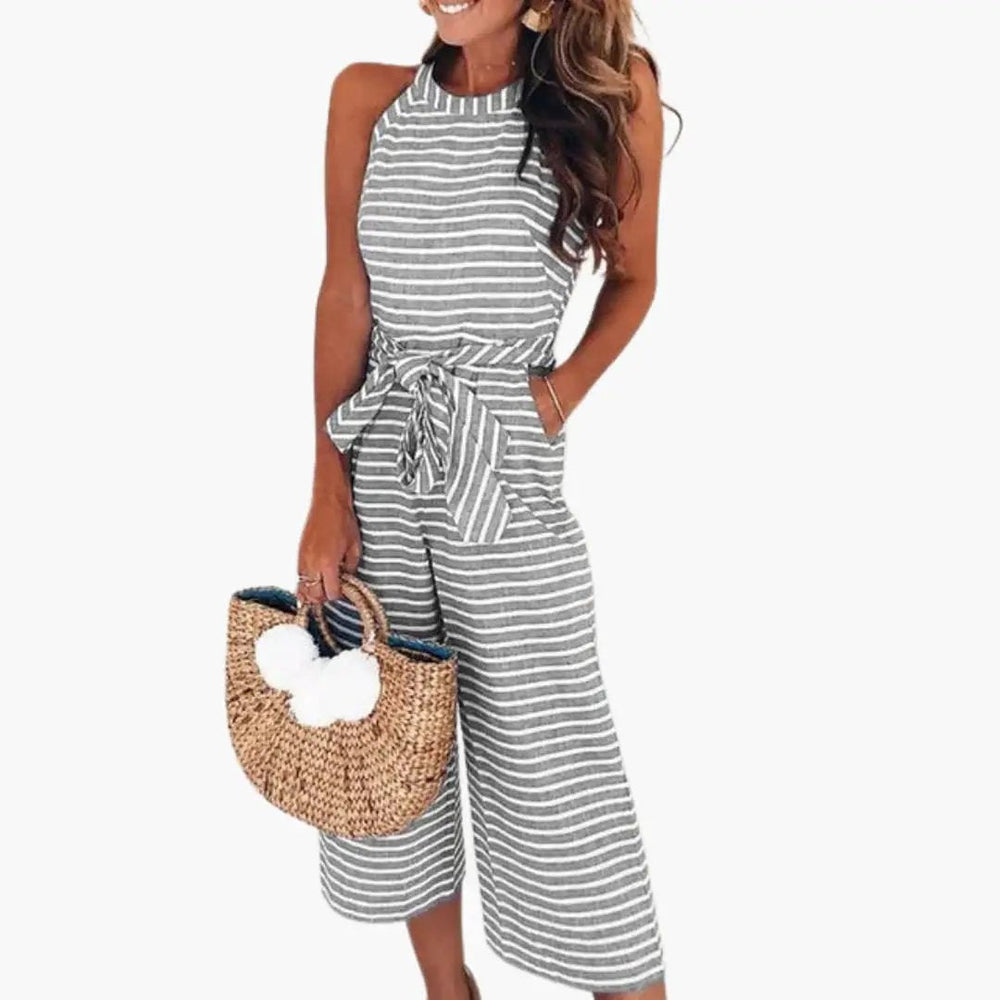 Women's Halter Neck Jumpsuit – Waist Belt, Striped Print & One-Piece Fit