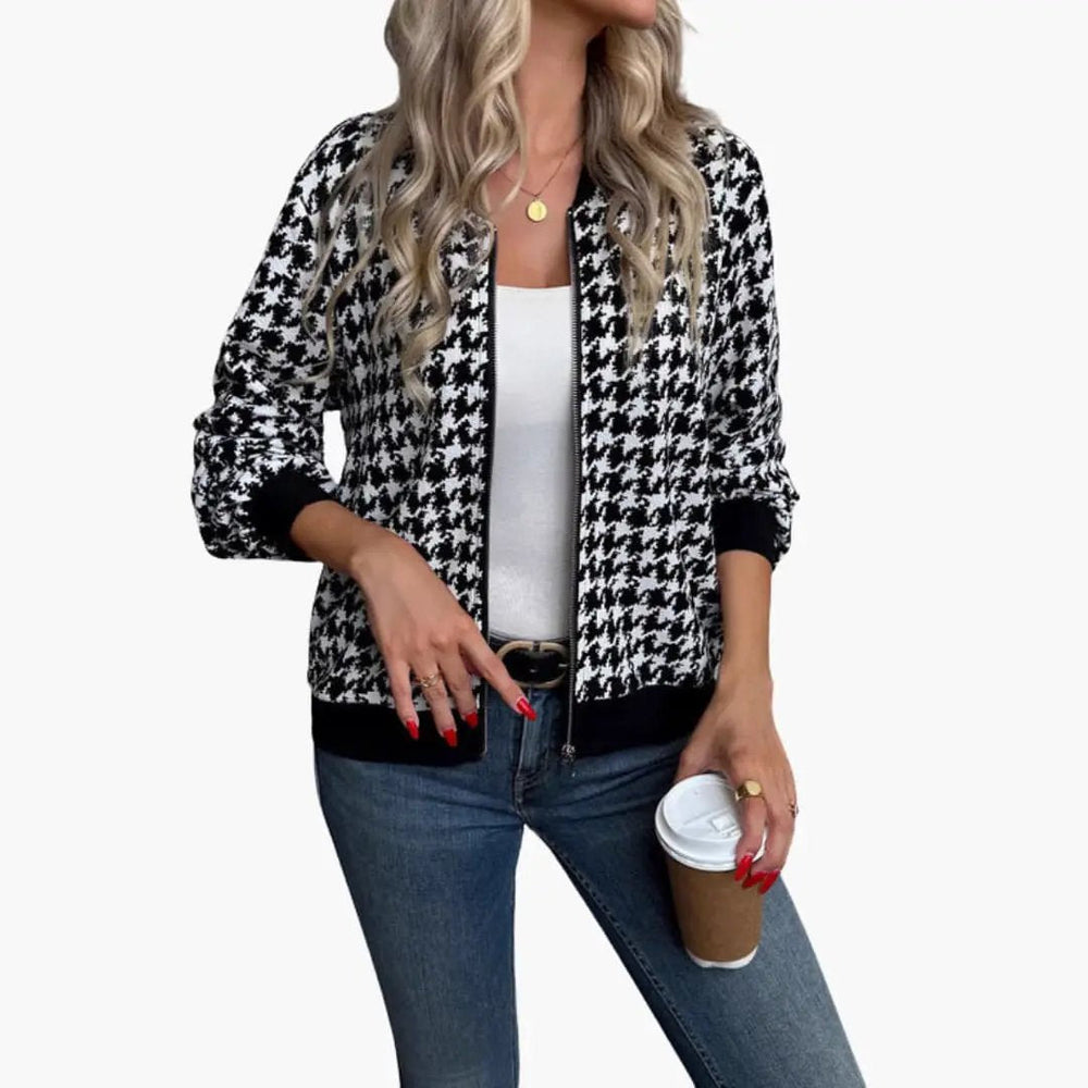 Women's Bomber Jacket – Houndstooth Print, Zip Front & Elastic Cuffs