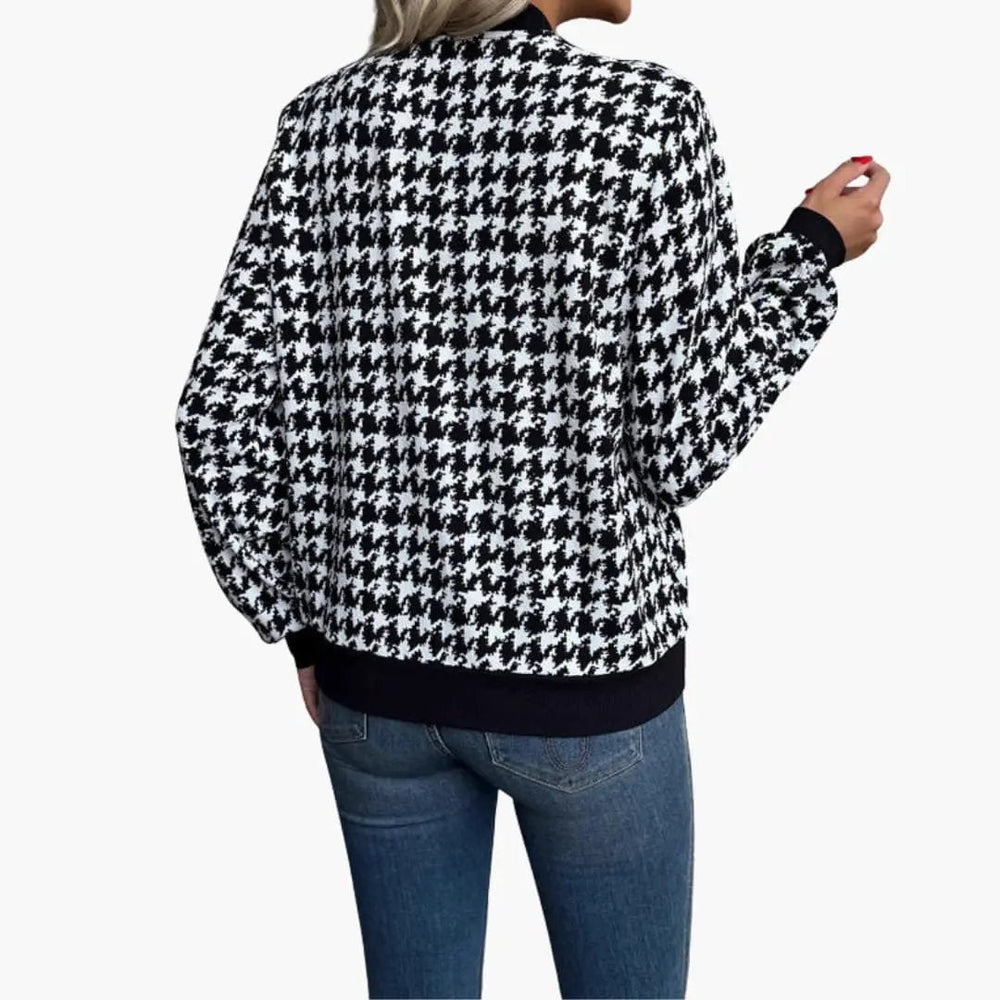 Women's Bomber Jacket – Houndstooth Print, Zip Front & Elastic Cuffs