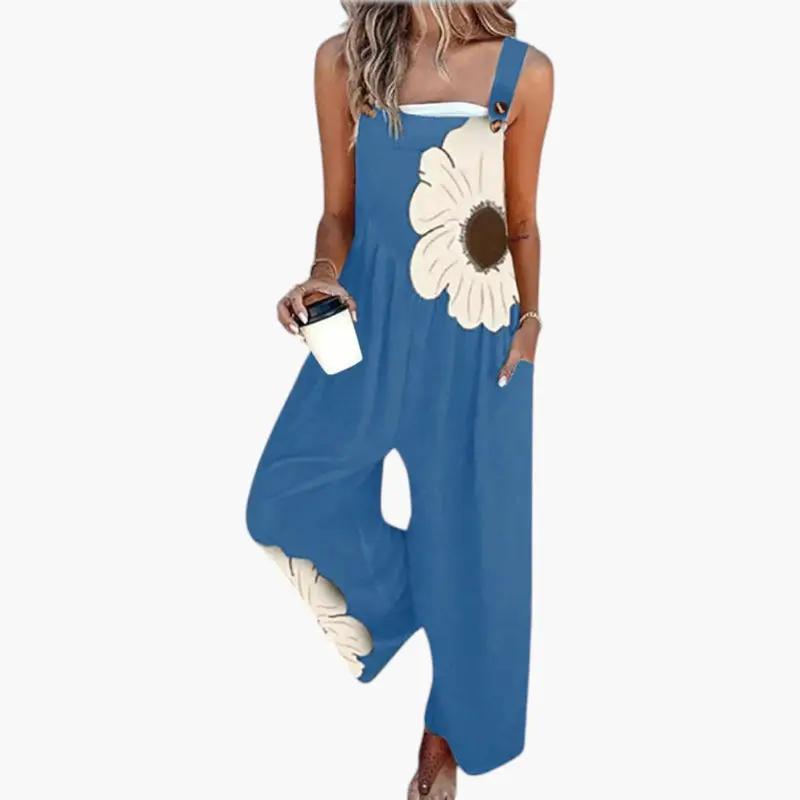Women's Wide-Leg Jumpsuit – Adjustable Straps, Square Neckline & Side Pockets