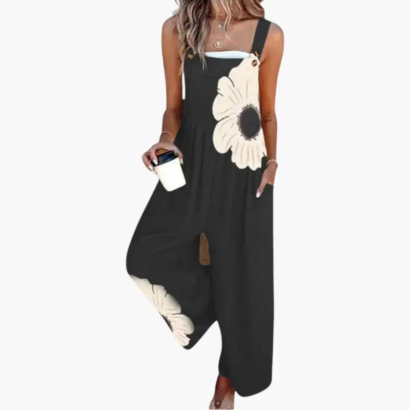 Women's Wide-Leg Jumpsuit – Adjustable Straps, Square Neckline & Side Pockets