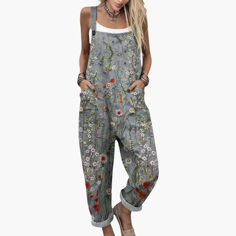 Women's Printed Jumpsuit – Adjustable Straps, Square Neckline & Wide Legs