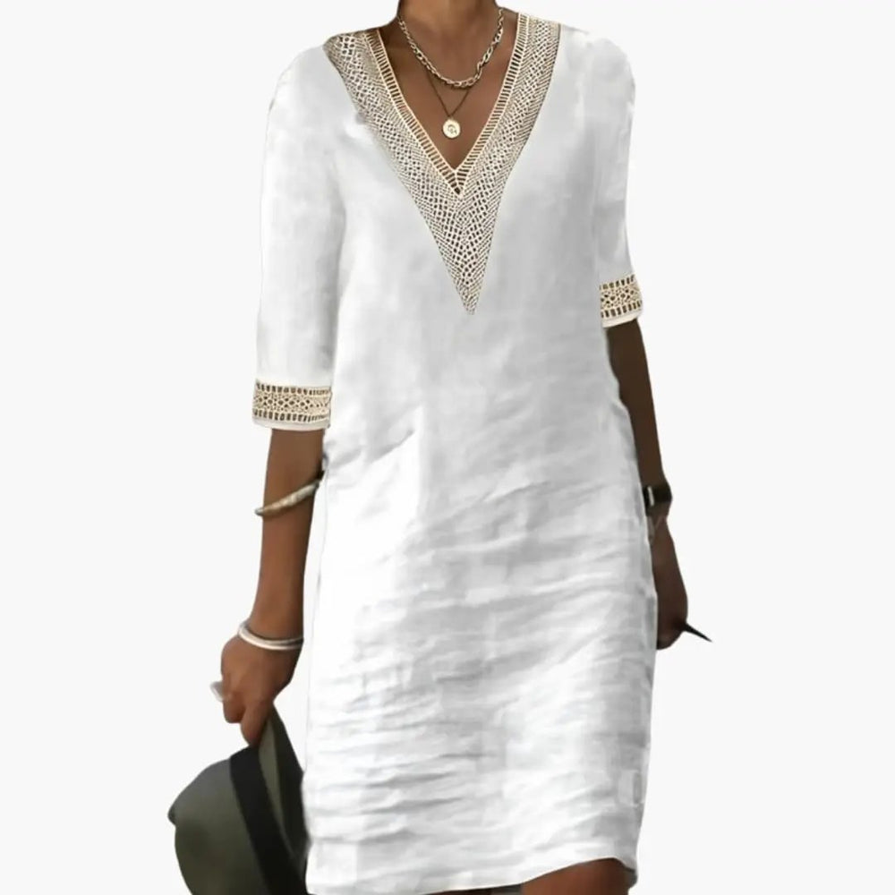 Women's Knee-Length Dress – Round Neck, Short Sleeve & Woven Fabric