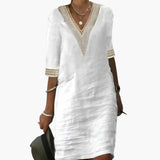 Women's Knee-Length Dress – Round Neck, Short Sleeve & Woven Fabric