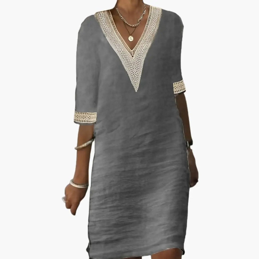 Women's Knee-Length Dress – Round Neck, Short Sleeve & Woven Fabric