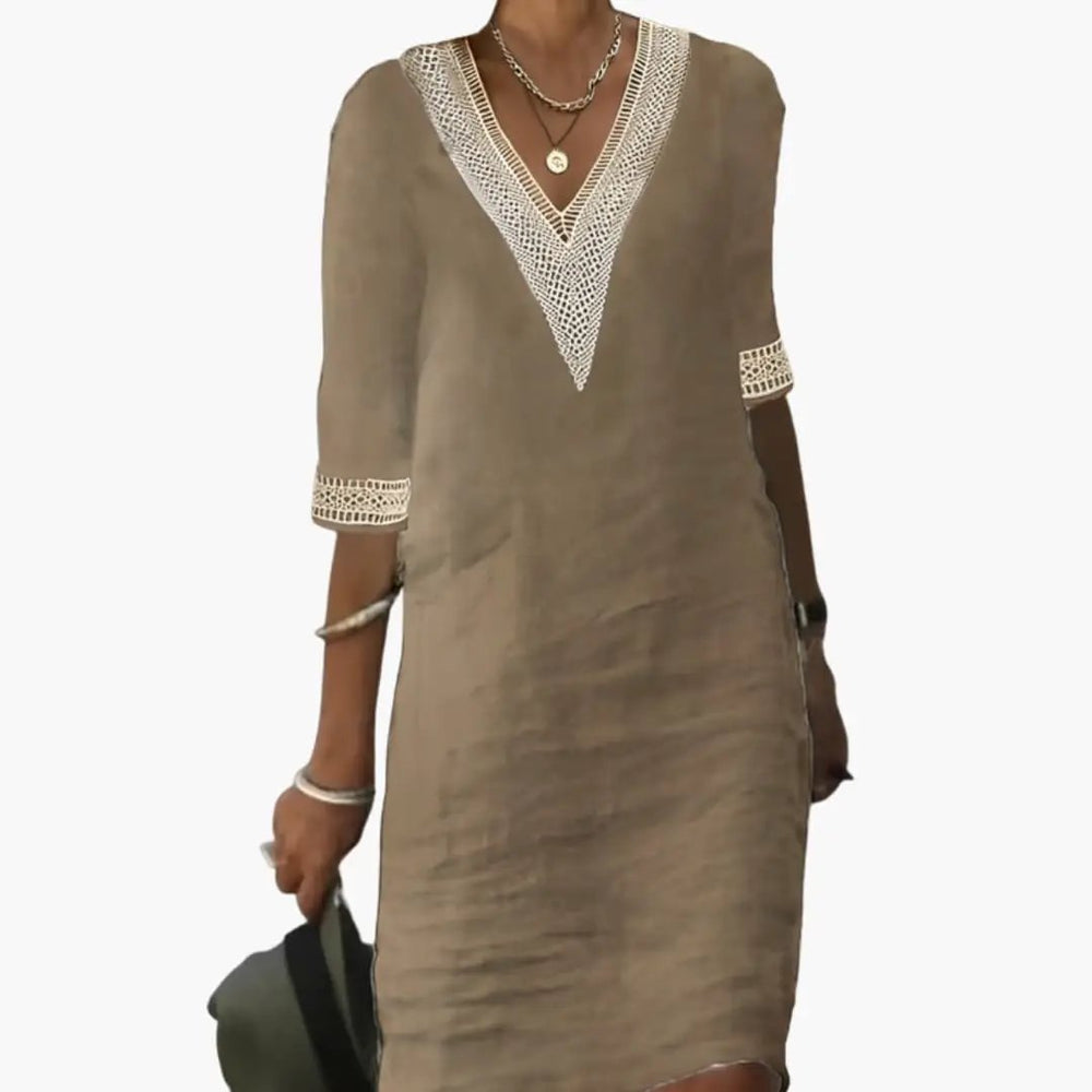 Women's Knee-Length Dress – Round Neck, Short Sleeve & Woven Fabric