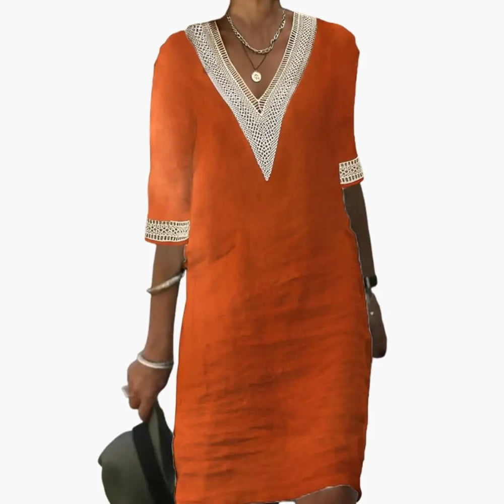Women's Knee-Length Dress – Round Neck, Short Sleeve & Woven Fabric