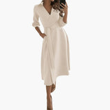 Women's Midi Dress – Lapel Collar, Long Sleeve & Waist Bow