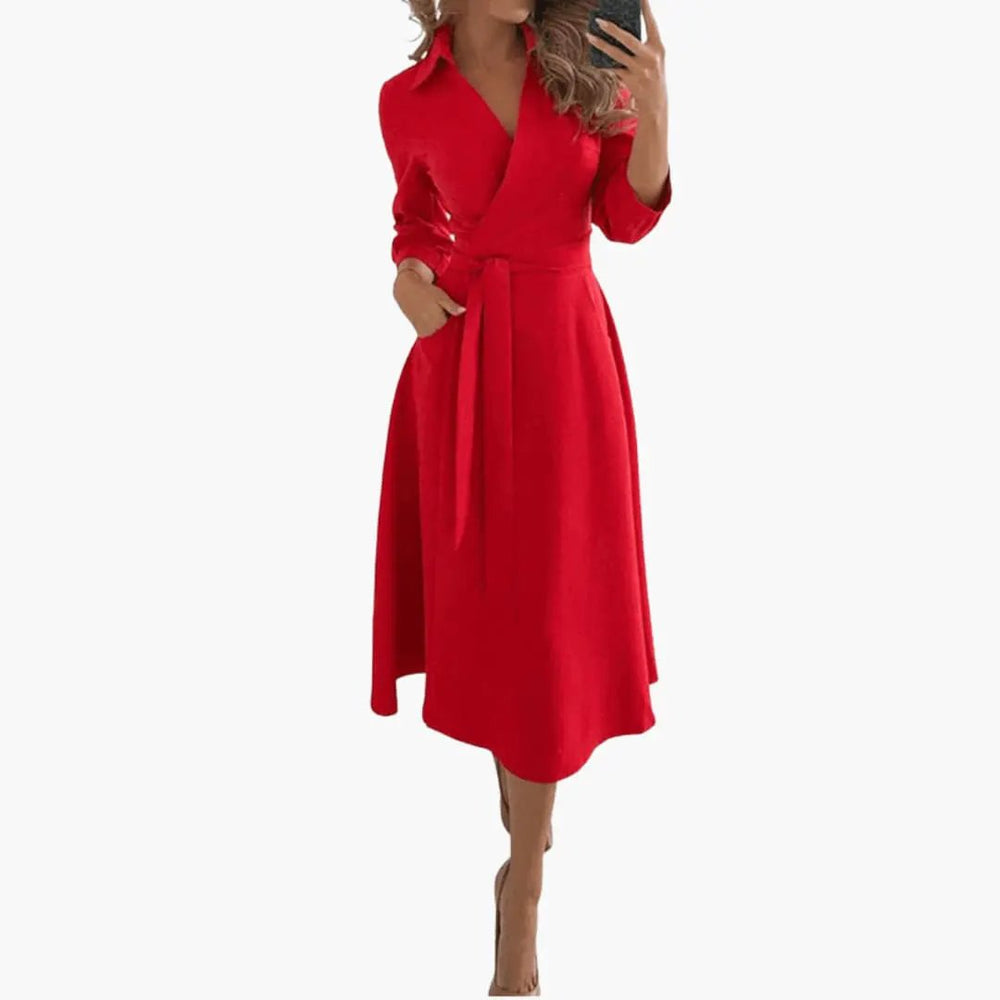 Women's Midi Dress – Lapel Collar, Long Sleeve & Waist Bow