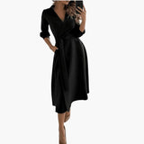 Women's Midi Dress – Lapel Collar, Long Sleeve & Waist Bow